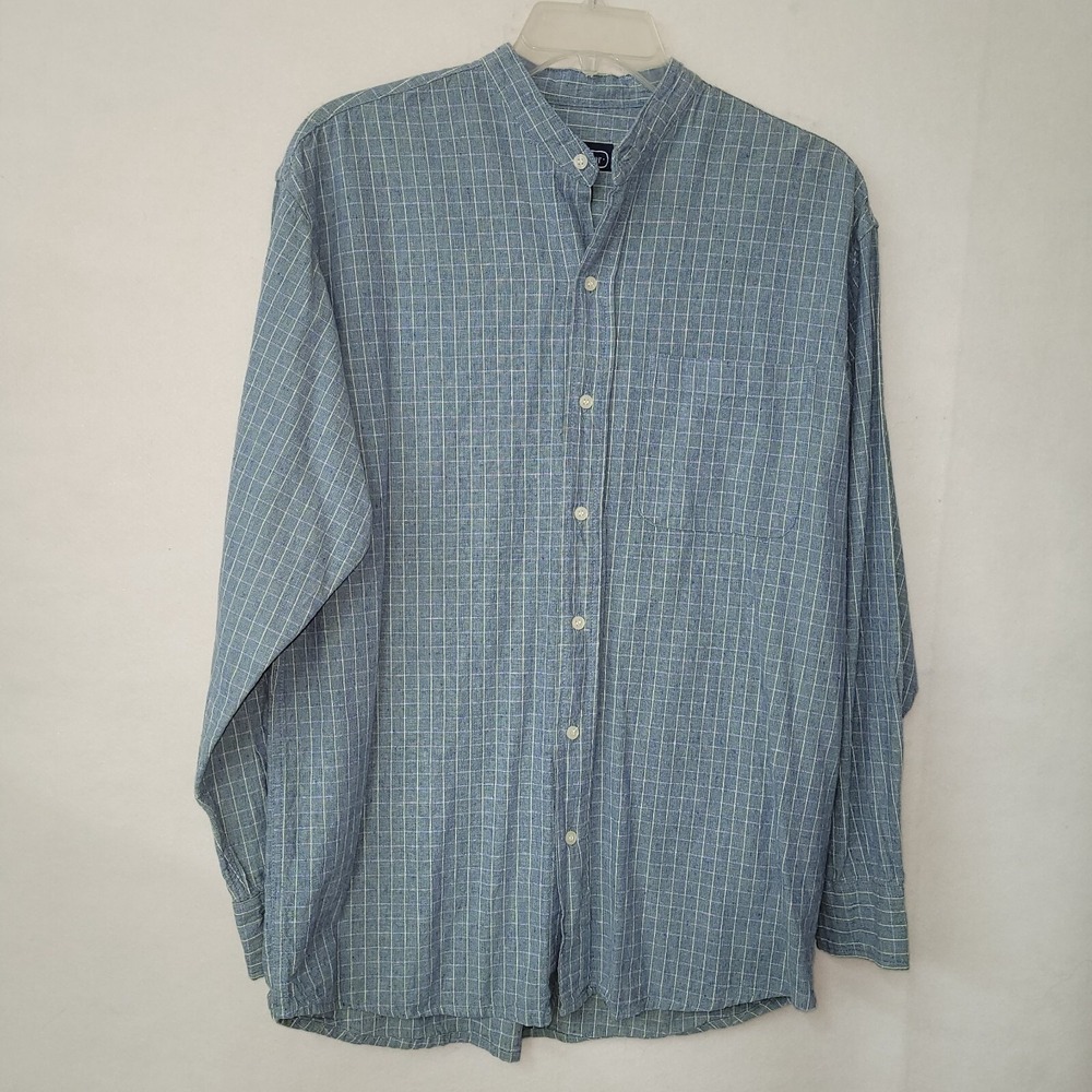 Bridgewater Shirt Mens L Green Check Linen Cotton‎ Band Collar Long Sleeve Beach